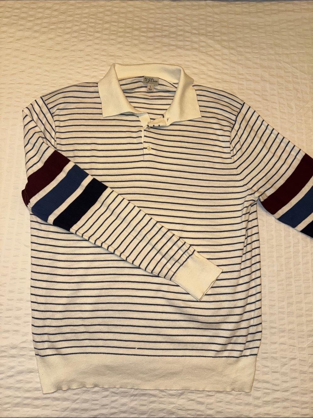 Men’s J.Crew L Striped Long-Sleeve Polo in White with Navy and Burgundy Accents